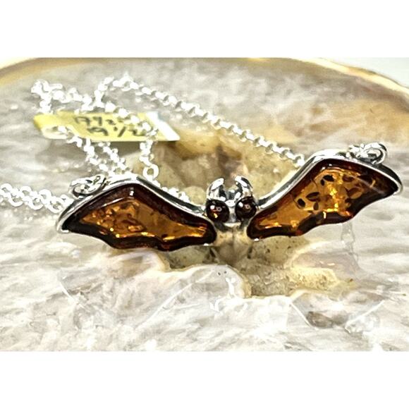 Baltic Amber Bat Wing Pendant -925 Sterling Silver - 17.5-19.5” NEW Gothic - Picture 6 of 16